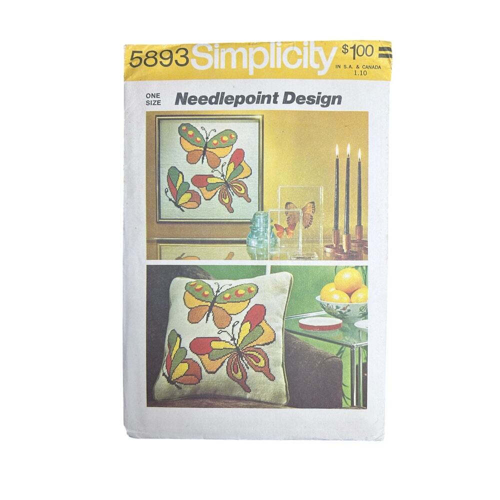 Vtg 70s Butterfly Yarn Needlepoint Picture Pillow Pattern Simplicity Uncut